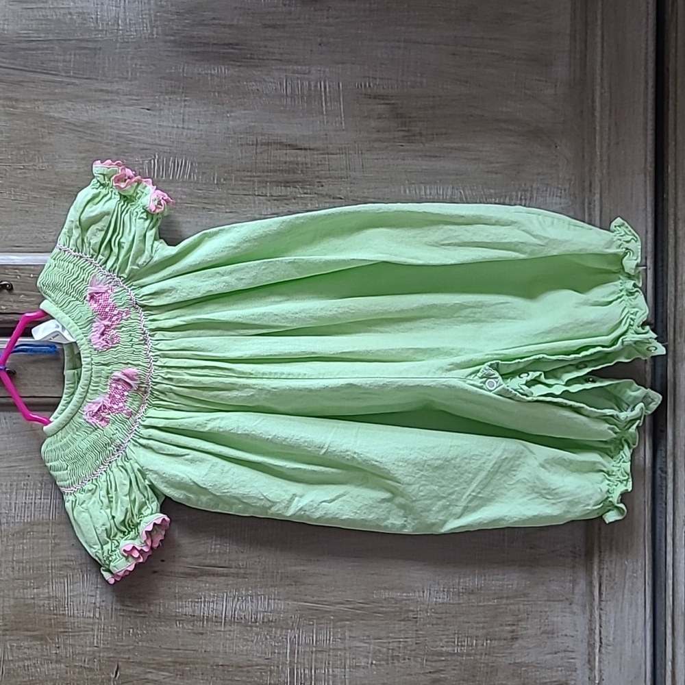 Green with Pink Ponies Smocked